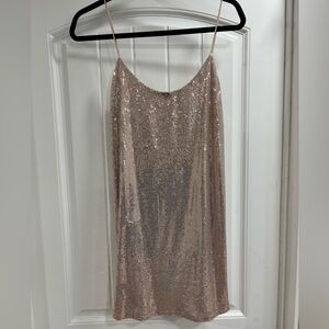 Zara Champagne Pink Metallic Scoop Back Dress Size Small
